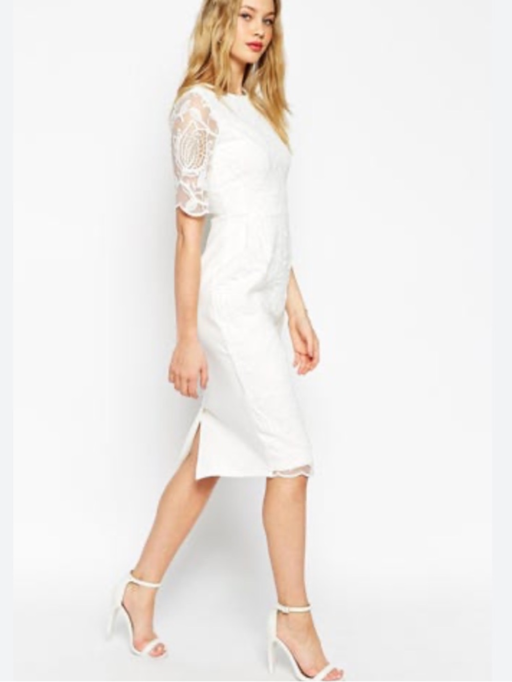 ASOS Wiggle Dress White Lace Overlay Midi Dress Size 4
